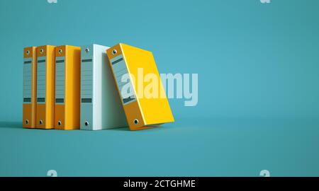 Rendering 3D di leganti ad anello gialli e grigi su a. sfondo blu Foto Stock