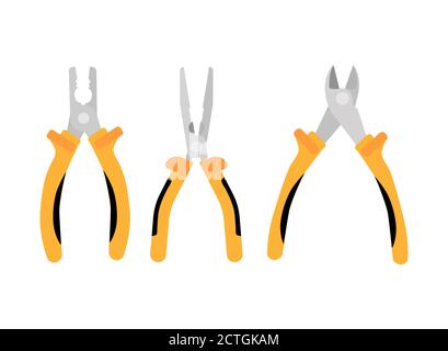 Aprire le taglierine laterali gialle e le pinze con pinze spugne sottili e spesse. Gli attrezzi di riparazione sono isolati su sfondo bianco, immagine vettoriale piatta Illustrazione Vettoriale