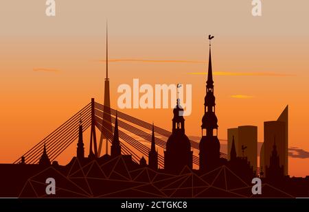 Skyline della città vecchia di riga durante l'orario del tramonto Illustrazione Vettoriale