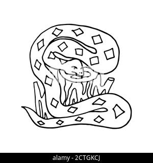 Serpente di doodle disegnato a mano sul ceppo di legno. Illustrazione Vettoriale