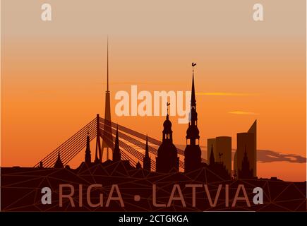 Skyline della città vecchia di riga durante l'orario del tramonto Illustrazione Vettoriale