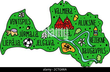 Mappa colorata disegnata a mano della Lettonia. Lettone città nomi scritte e cartoni animati punti di riferimento, attrazioni turistiche clipart. Viaggio, banner concept design Illustrazione Vettoriale