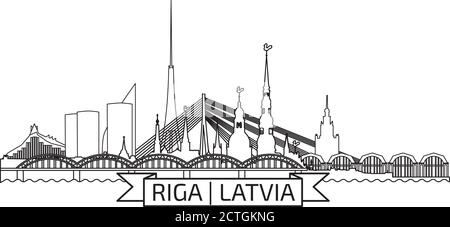 Skyline della città vecchia di riga durante l'orario del tramonto Illustrazione Vettoriale