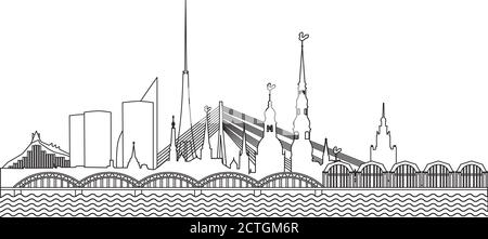 Skyline della città vecchia di riga durante l'orario del tramonto Illustrazione Vettoriale