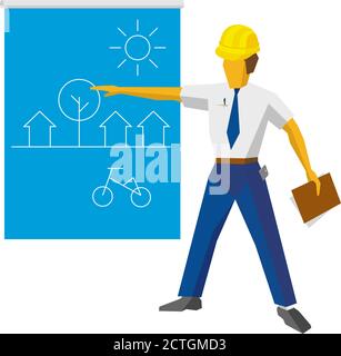 Il costruttore di ingegneri mostra il progetto ecologico. Architetto con carte in mano che dà la presentazione di quartiere residenziale con piccole case. Illustrazione Vettoriale