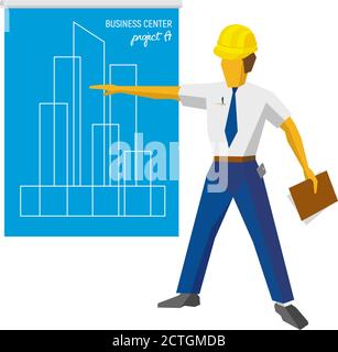 Ingegnere costruttore in casco mostra progetto. Architetto con carte in mano che dà la presentazione del nuovo business center. Clip art vettoriale piatta Illustrazione Vettoriale