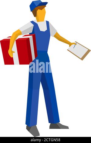 Uomo di consegna in uniforme blu contenente scatola regalo rossa e carte. Corriere postale portare il pacco e attendere la conferma con i documenti. Semplice piatto st Illustrazione Vettoriale