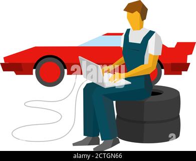 Meccanico dell'auto seduto su un pneumatico e regola l'auto sportiva con il computer portatile. Operatore della stazione di servizio che scrive sul notebook. Sintonizzazione supercar rossa. Clip art vettoriale piatta Illustrazione Vettoriale