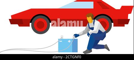 Batteria di ricarica meccanica per auto sportiva rossa. Uno specialista con accumulatore si trova vicino a un'auto. Illustrazione vettoriale in stile piatto isolata su sfondo bianco Illustrazione Vettoriale
