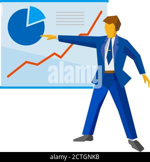 Uomo d'affari in costume blu mostra un poster con crescente grafici. Concetto di crescita: Business di successo, aumento delle vendite. Clip art vettoriale a forma piatta su bianco ba Illustrazione Vettoriale