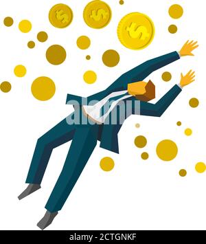 Uomo d'affari salto cattura una moneta d'oro. Le metafore di affari - il successo finanziario, la crescita di profitto, aumentano le vendite. Clip art vettoriale di stile piatto isolato su Illustrazione Vettoriale