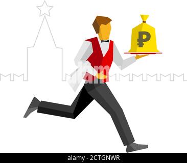 Cameriere in gilet rosso e pantaloni neri corre con sacchetto di rubli su un vassoio con traccia pennello a forma di cerchio. La silhouette del Cremlino sul retro. Illustrazione Vettoriale