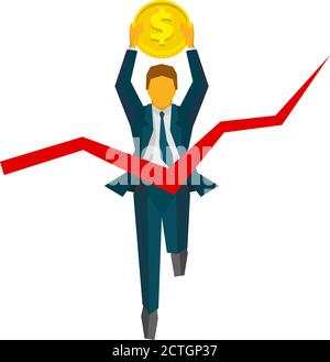 L'uomo d'affari che corre con la moneta attraversa una linea di arrivo. Nastro rosso sotto forma di grafico. Metafore di affari - successo finanziario, vincere la corsa. Stile piatto Illustrazione Vettoriale