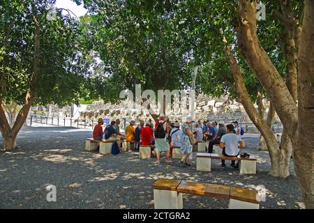 Gruppo di pellegrini in pellegrinaggio al Mare di Capernaum di Galilea, Israele Foto Stock
