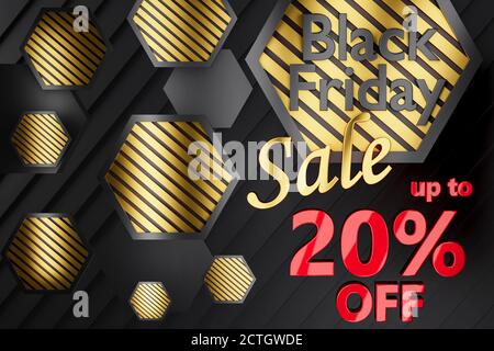 3D nero venerdì vendita immagine di sfondo in oro nero impressionante e design rosso con fino al 20% di sconto sul testo Foto Stock