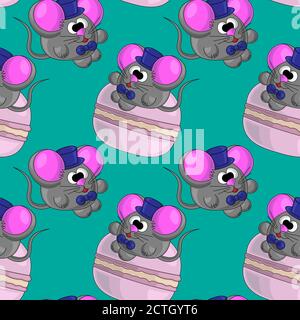 Pattern vettoriale senza giunture con mouse e macaroon Illustrazione Vettoriale