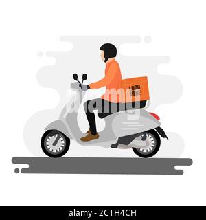 Consegna attraverso l'illustrazione del concetto di scooter. Concetto di e-commerce Fast Delivery. Concetto di servizio di consegna online Foto Stock