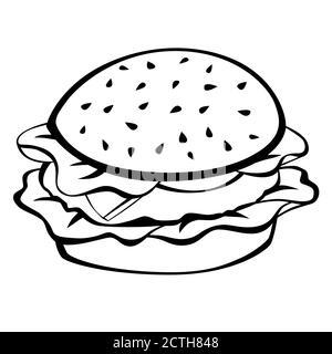 Nero bianco hamburger cibo isolato vettore illustrazione Illustrazione Vettoriale