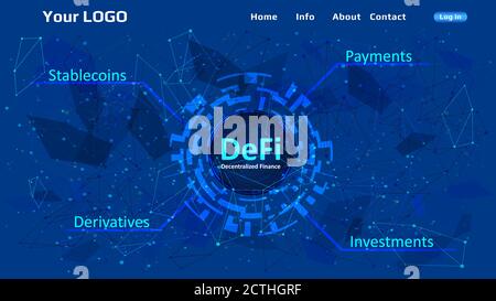 Defi - modello di sito di finanza decentralizzata su sfondo poligonale astratto blu. Layout dell'intestazione del sito Web. Ecosistema di applicazioni finanziarie e se Illustrazione Vettoriale