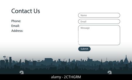 Concetto di schermo di contatto per un sito Web con silhouette di città multilivello. Forma di invio dei messaggi. Modelli vettoriali per una società di costruzioni o. Illustrazione Vettoriale