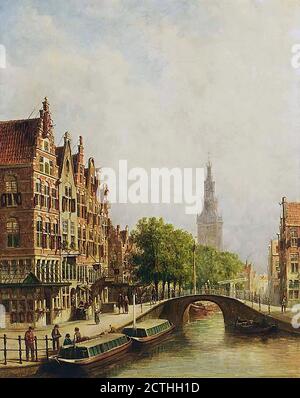 Vertin Petrus Gerardus - una vista di un canale con The Westerkerk in background Amsterdam - Scuola Olandese - 19 ° secolo Foto Stock