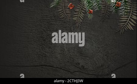 Natale design su sfondo di legno scuro. Illustrazione 3D Foto Stock