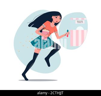 Una ragazza corre ai film con popcorn e occhiali stereo. Giovane bella ragazza con lunghi capelli scuri in una gonna elegante plaid. Ragazza orientale. Biglietteria sullo sfondo. Disegno isolato piatto per un sito Web, un'applicazione, una pubblicità di intrattenimento, un cinema e un film Illustrazione Vettoriale