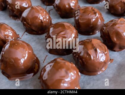 Palline di cioccolato al burro di arachidi appena immerse su carta pergamena su un foglio di biscotti. Foto Stock