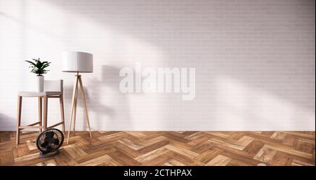 La camera di pulizia e la decorazione sulla stanza Loft muro di mattoni bianchi e pavimento in legno. Rendering 3D Foto Stock