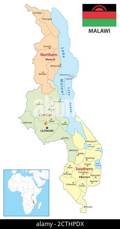 Mappa amministrativa vettoriale della Repubblica Africana del Malawi con allarme Illustrazione Vettoriale