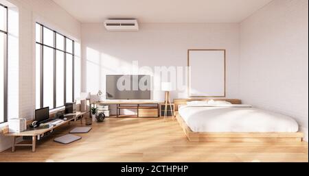 Camera da letto interna in stile loft con computer e utensili da ufficio sulla scrivania. Rendering 3D Foto Stock