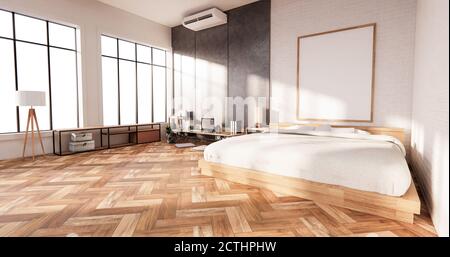 Camera da letto interna in stile loft con computer e utensili da ufficio sulla scrivania. Rendering 3D Foto Stock