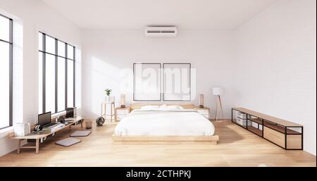 Camera da letto interna in stile loft con computer e utensili da ufficio sulla scrivania. Rendering 3D Foto Stock