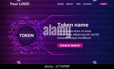 Modello della home page del sito Web del token di criptovaluta digitale. Nome Altcoin in cerchio digitale e breve descrizione con offerta calda. Layout dell'intestazione del sito Web. E Illustrazione Vettoriale