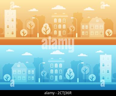 Città strada paesaggio sfondo. Scena urbana con tubi flessibili e alberi Illustrazione Vettoriale