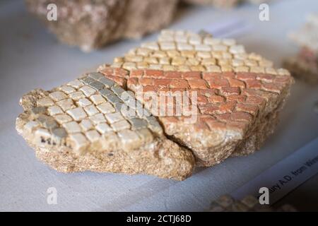 Resti rotti di pezzi di pavimento Mosaico scavati da una villa romana nel Sussex occidentale, Inghilterra Foto Stock