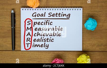 Nota bianca con iscrizione 'Goal Setting' su bel tavolo di legno, carta colorata, penna metallica, lampadina disegnata e chiave. Concetto aziendale. Foto Stock