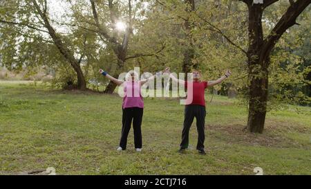 Coppia anziana attiva di 80 anni. Uomo e donna caucasici facendo mattina esercizi di allenamento fisico stretching nel parco. Fitness nonni famiglia tempo libero. Stile di vita sano Foto Stock