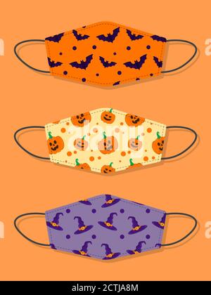 Set di disegni riutilizzabili bocca bambini divertenti maschere viso con Halloween modello senza cuciture con pipistrello, zucca e cappello strega Illustrazione Vettoriale