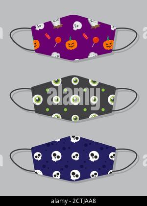 Set di disegni riutilizzabili bocca bambini divertenti maschere viso con Halloween modello senza cuciture con caramelle, cranio, zucca e occhi creepy Illustrazione Vettoriale