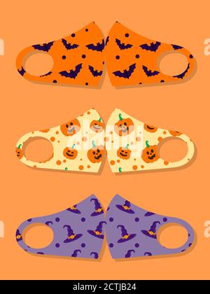 Set di design riutilizzabili bocca bambini divertenti maschere con Halloween modello senza cuciture con pipistrello, zucca e cappello strega Illustrazione Vettoriale