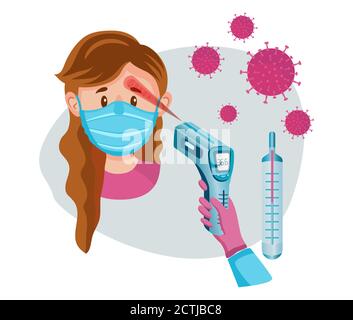 Termometro laser a infrarossi senza contatto a vettore piatto. Il medico misura la temperatura corporea sulla fronte con il pirometro. Controllo medico, febbre di rilevamento. Illustrazione Vettoriale