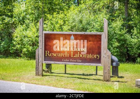 Cartello presso il Cedar Point Site del Gulf Coast Research Laboratory di Ocean Springs, Mississippi Foto Stock