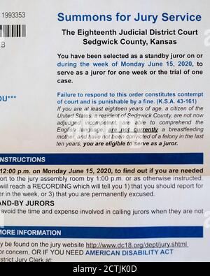 Lettera ufficiale di citazione per il Servizio della Giuria da Sedgwick County, Kansas, USA. Foto Stock