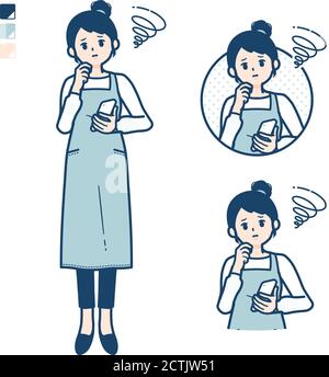 Una donna in un grembiule con tenere uno smartphone e le immagini disturbate. Si tratta di grafica vettoriale, quindi è facile da modificare. Illustrazione Vettoriale