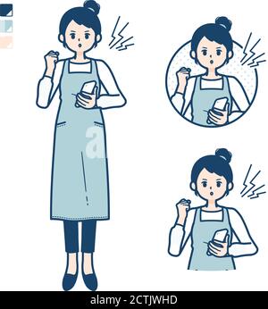 Una donna in un grembiule con tenere uno smartphone e rabbia immagini. Si tratta di grafica vettoriale, quindi è facile da modificare. Illustrazione Vettoriale