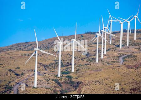 La più grande azienda eolica dello stato divenne operativa nel 2006 sulle West Maui Mountains, Hawaii. Foto Stock