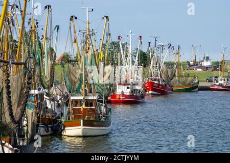 Germania, bassa Sassonia, Krummhorn, barche per gamberetti ormeggiate a Greetsiel Foto Stock