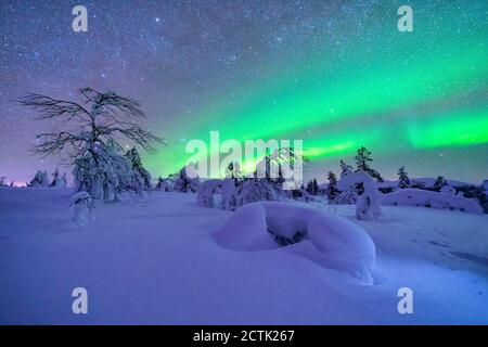 Aurora boreale su un paesaggio innevato al crepuscolo Foto Stock