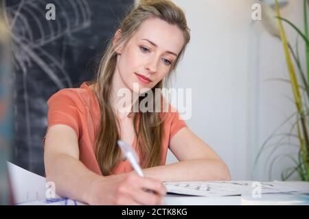 Donna che lavorano alla scrivania in ufficio in casa Foto Stock